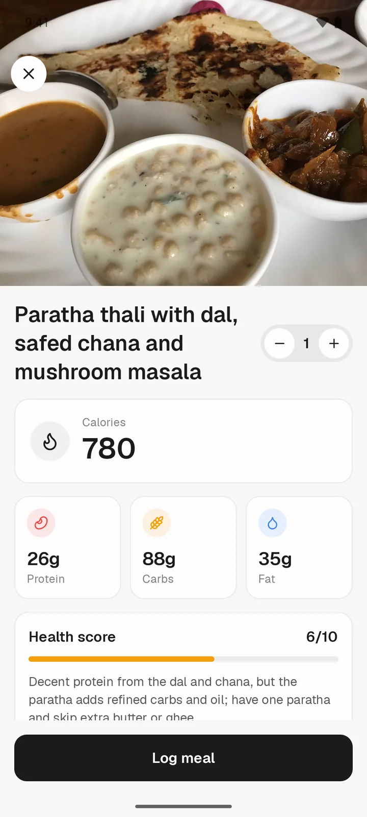 Scan result: paratha thali with dal, safed chana and mushroom masala, 780 kcal, 26g protein, 88g carbs, 35g fat